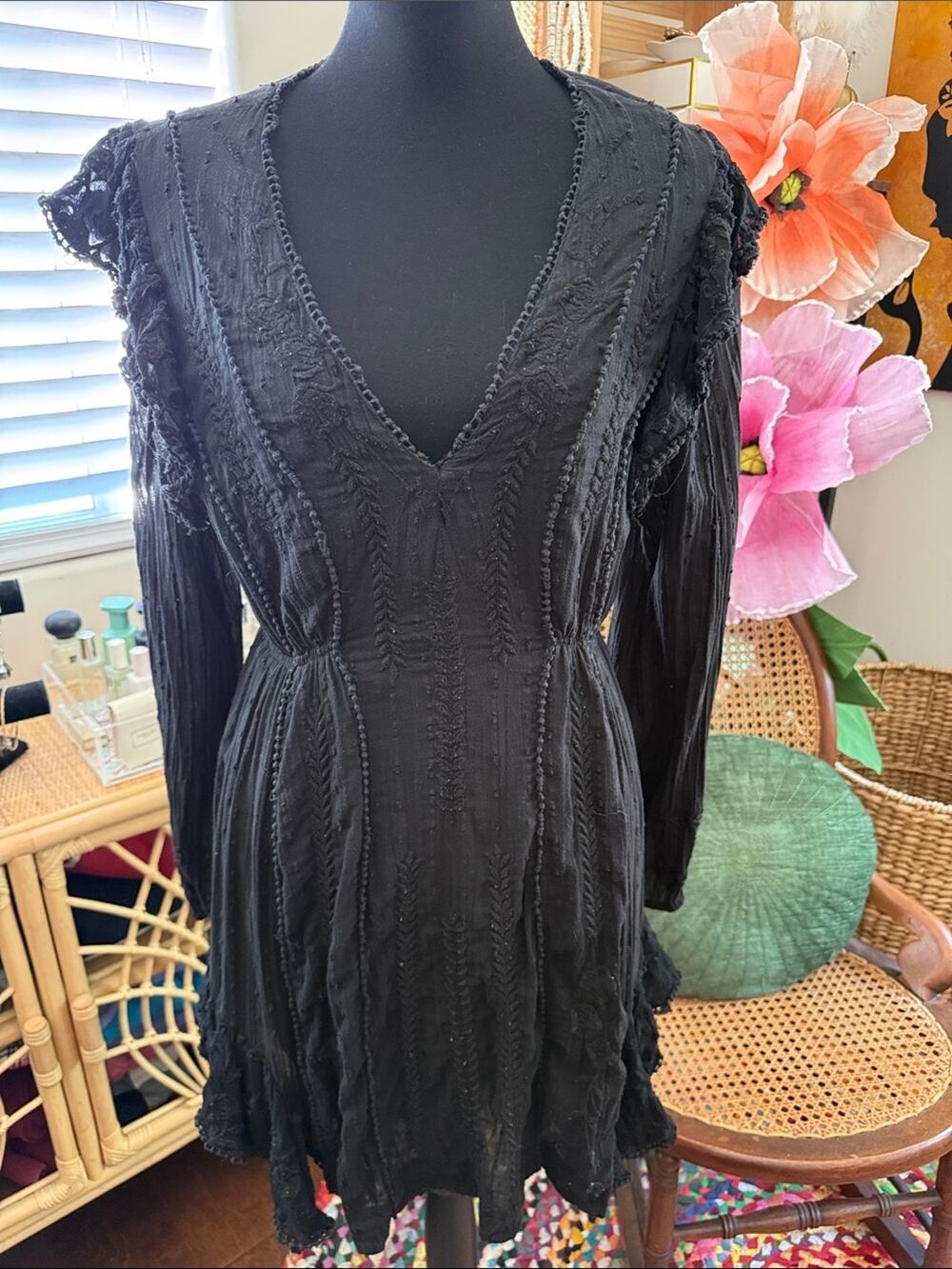 Free People Black Isabella Long Sleeve Lace Trim Boho Hippie Brunch Mini Dress
